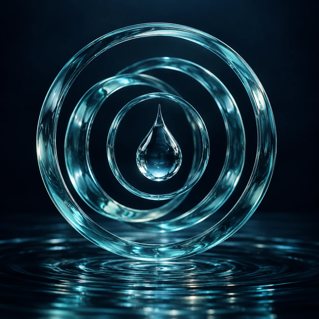 Translucent aqua glass rings surrounding a suspended water droplet in a navy studio, a creative illustration